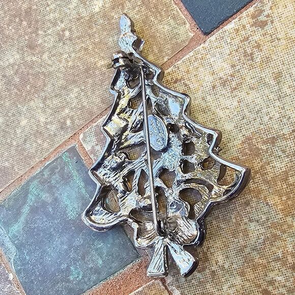 Vintage Antiqued Christopher Radko Christmas Tree Holiday Brooch w/ Rhinestones - Picture 2 of 3